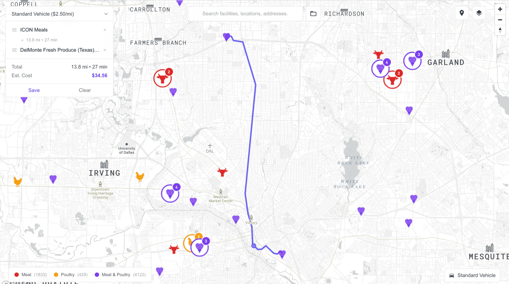 drift: two freight facilities joined by a priced route through Dallas.